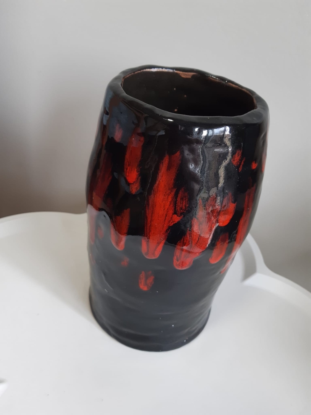 70s Ceramic Fat Lava Vase - Black / Red